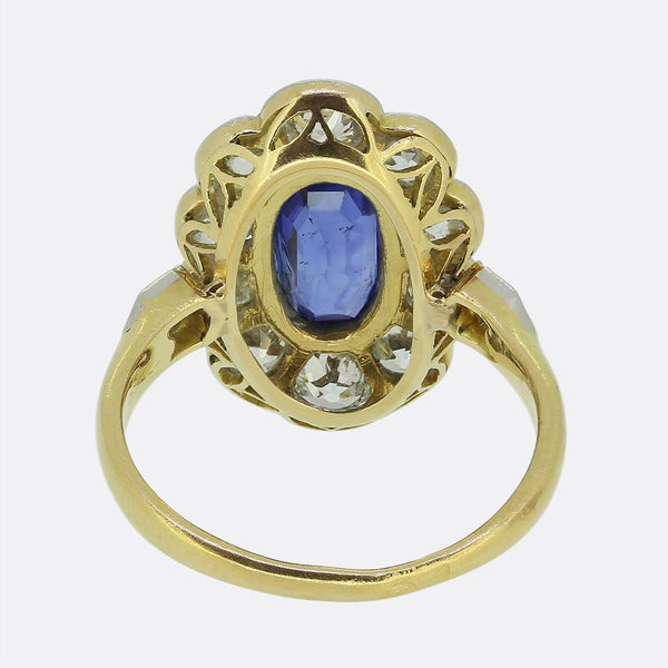 Edwardian 0.95 Carat Burmese Sapphire and Diamond Cluster Ring