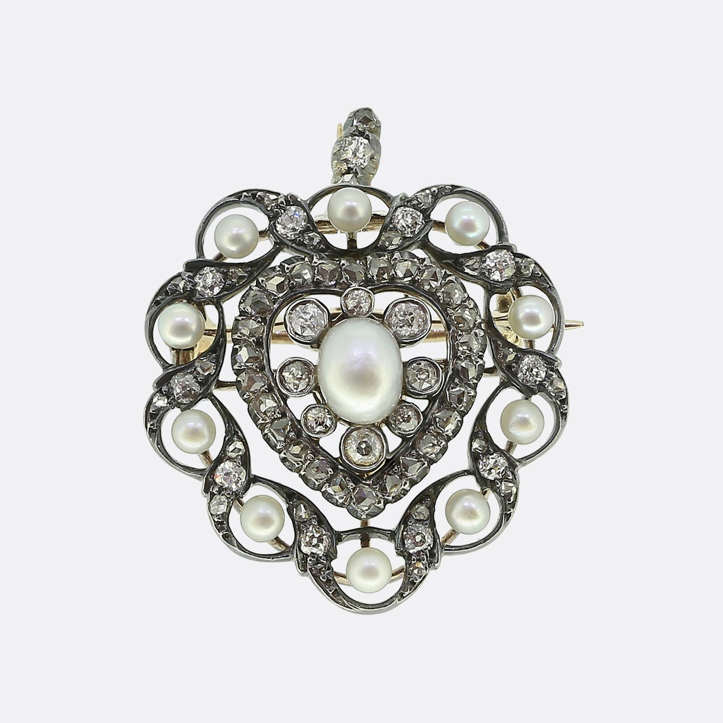 Victoria Pearl and Diamond Heart Pendant Brooch