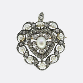 Victoria Pearl and Diamond Heart Pendant Brooch