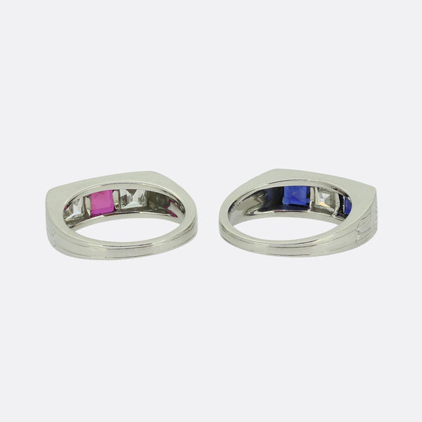 Cartier Art Deco Ruby Sapphire and Diamond Three-Stone Rings Set