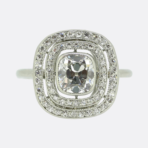 Art Deco 1.10 Carat Old Cushion Cut Diamond Double Halo Ring