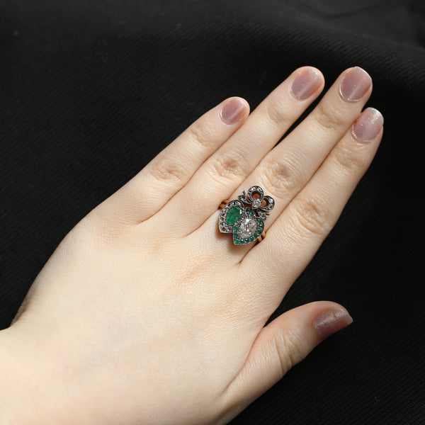 Victorian Emerald and Diamond Double Heart Ring