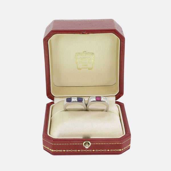 Cartier Art Deco Ruby Sapphire and Diamond Three-Stone Rings Set