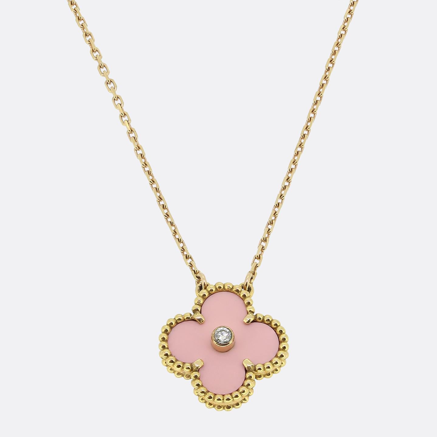 Van Cleef & Arpels Alhambra Pink Porcelain and Diamond Necklace