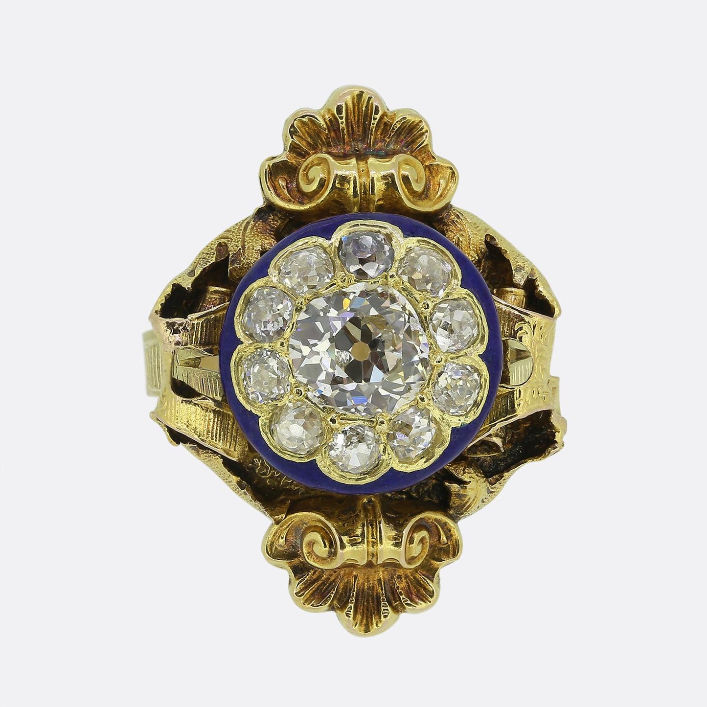 Victorian Old Cut Diamond Cluster and Enamel Dress Ring