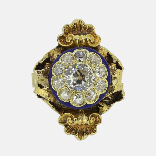 Victorian Old Cut Diamond Cluster and Enamel Dress Ring