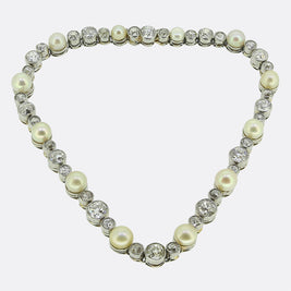Art Deco Natural Pearl and Old Cut Diamond Line Bracelet