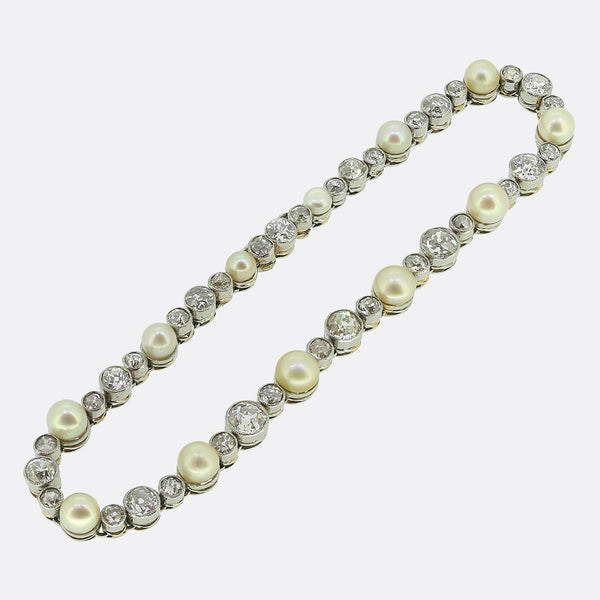 Art Deco Natural Pearl and Old Cut Diamond Line Bracelet