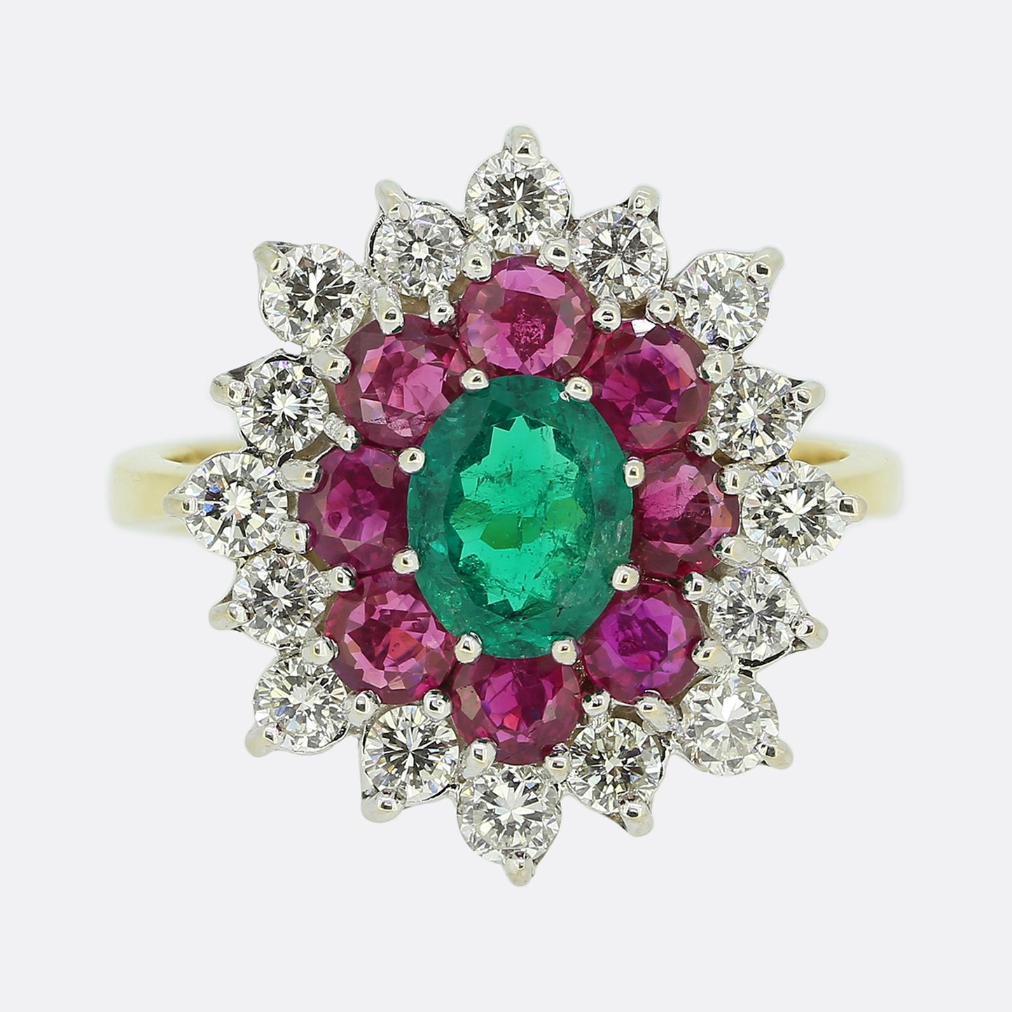Vintage Ruby Emerald and Diamond Cluster Ring