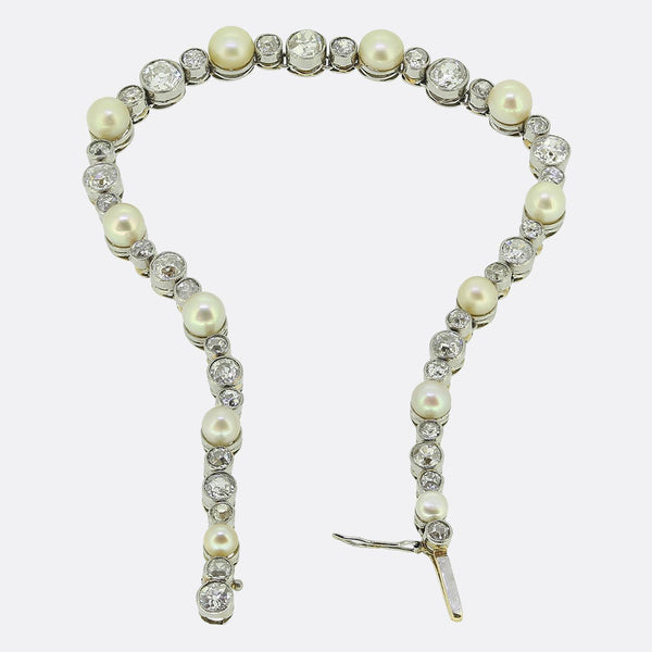 Art Deco Natural Pearl and Old Cut Diamond Line Bracelet