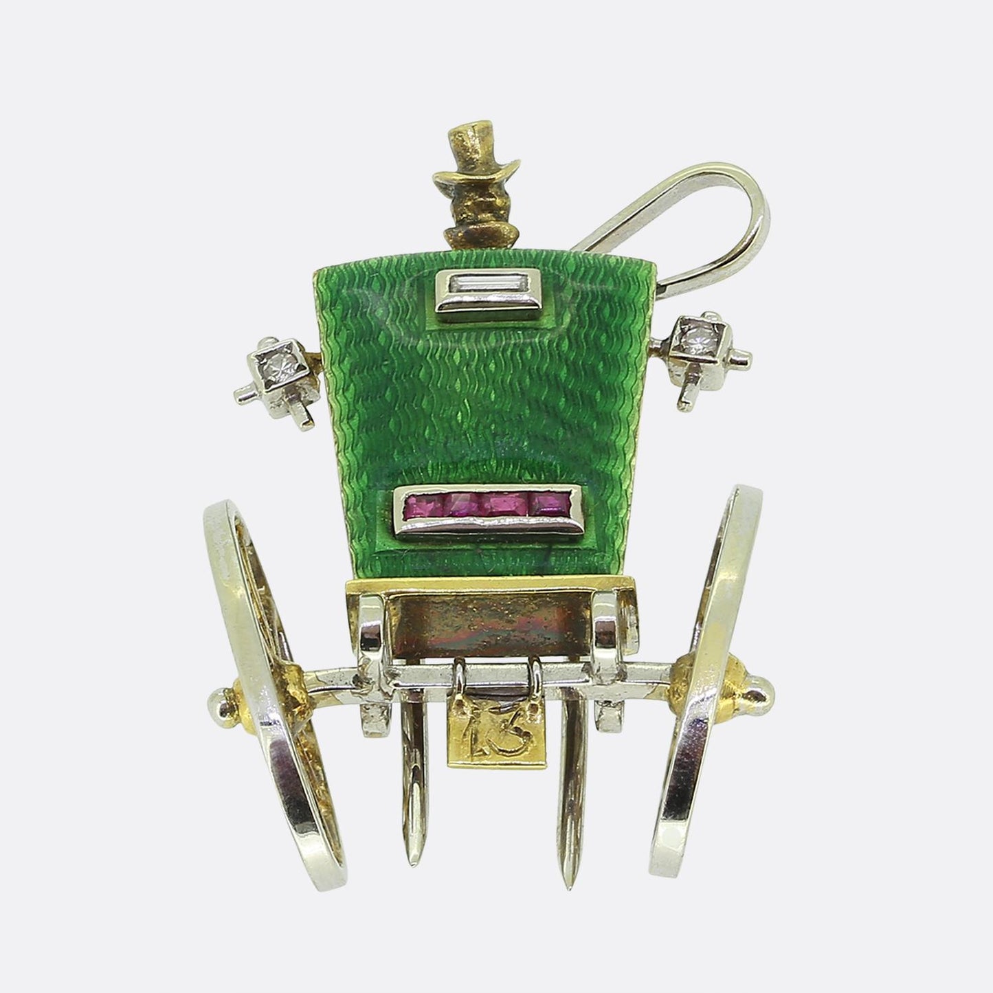 Art Deco Ruby Diamond and Enamel Stagecoach Hansom Cab Carriage Brooch