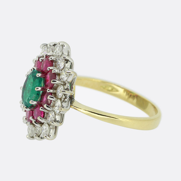 Vintage Ruby Emerald and Diamond Cluster Ring