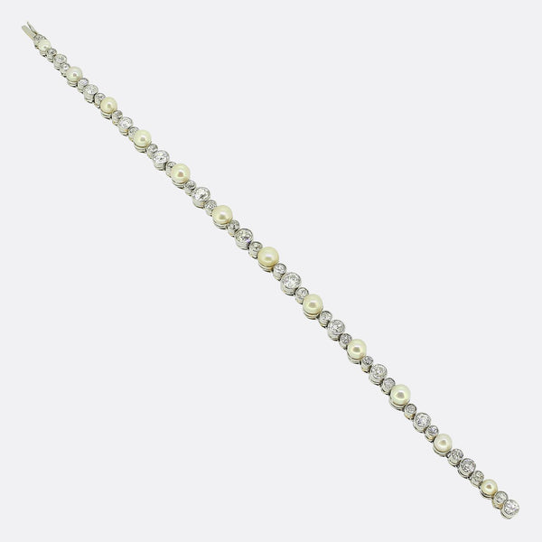 Art Deco Natural Pearl and Old Cut Diamond Line Bracelet
