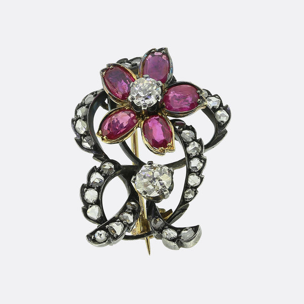 Victorian Burmese Ruby and Diamond Flower Brooch
