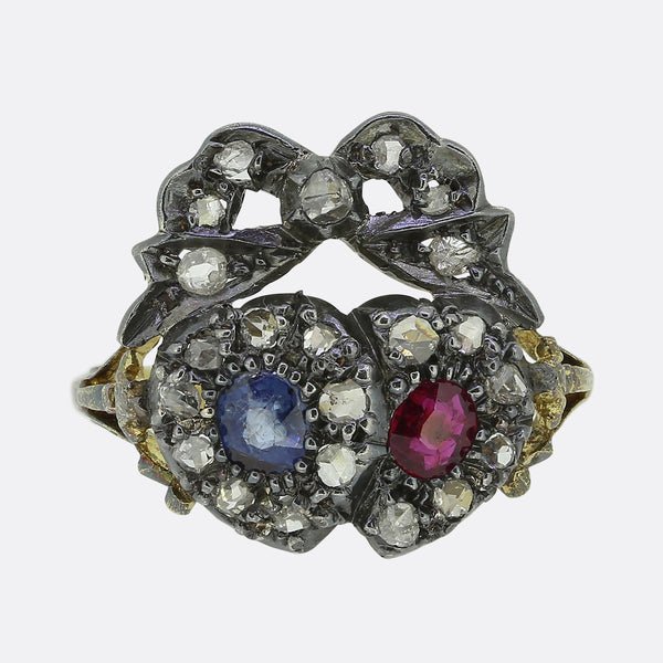Victorian Sapphire and Ruby Double Heart Ring