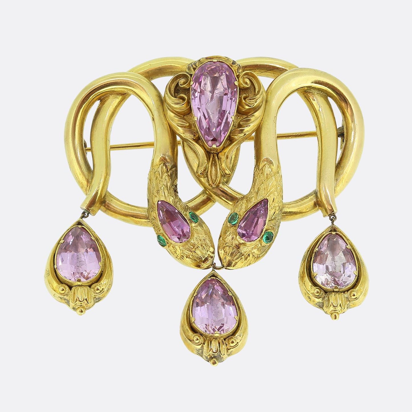 Victorian Pink Topaz and Emerald Double Snake Brooch
