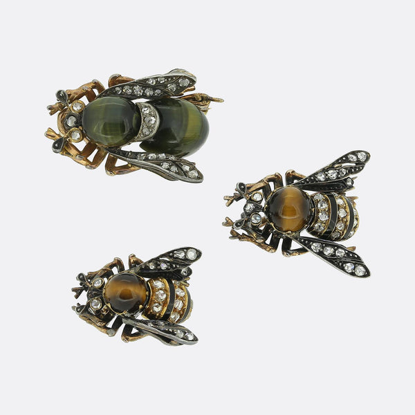 Boucheron Chrysoberyl Tiger's Eye and Diamond Insect Brooch Set