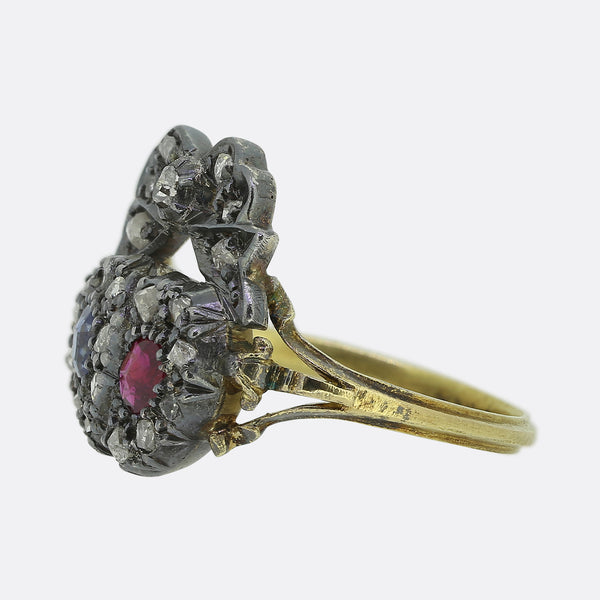 Victorian Sapphire and Ruby Double Heart Ring