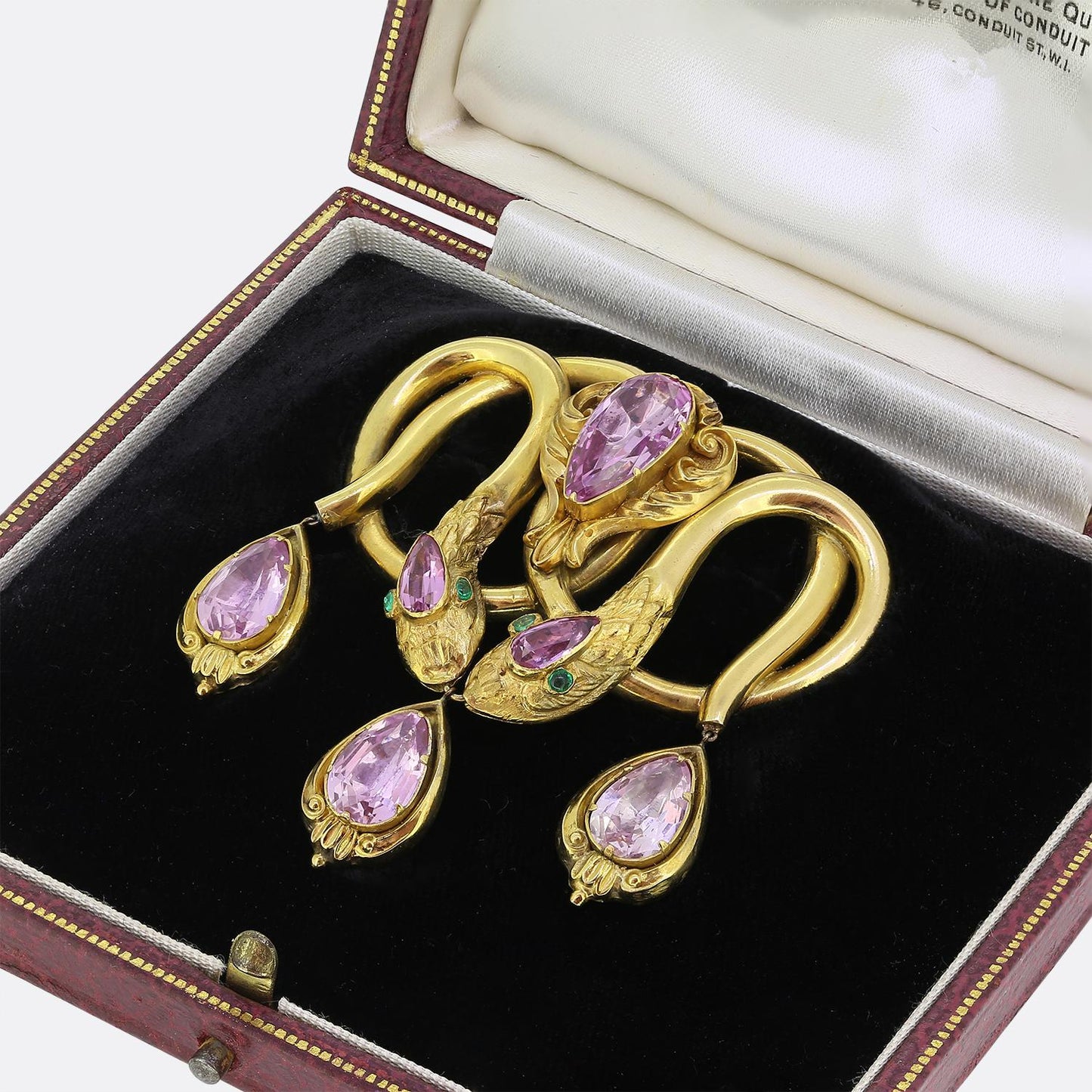 Victorian Pink Topaz and Emerald Double Snake Brooch