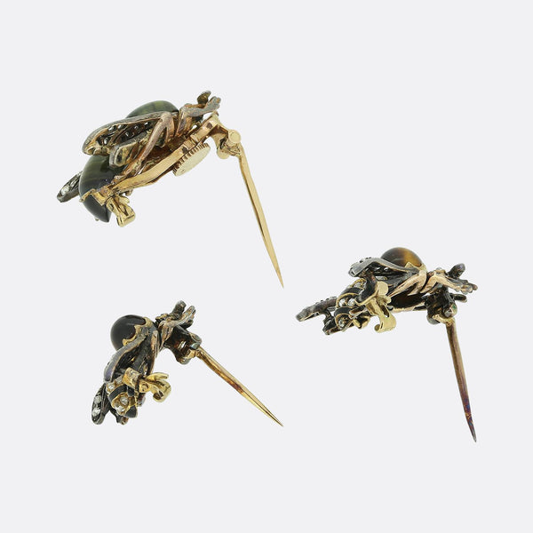 Boucheron Chrysoberyl Tiger's Eye and Diamond Insect Brooch Set