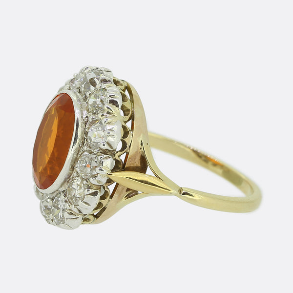 Edwardian Fire Opal and Old Cut Diamond Cluster Ring