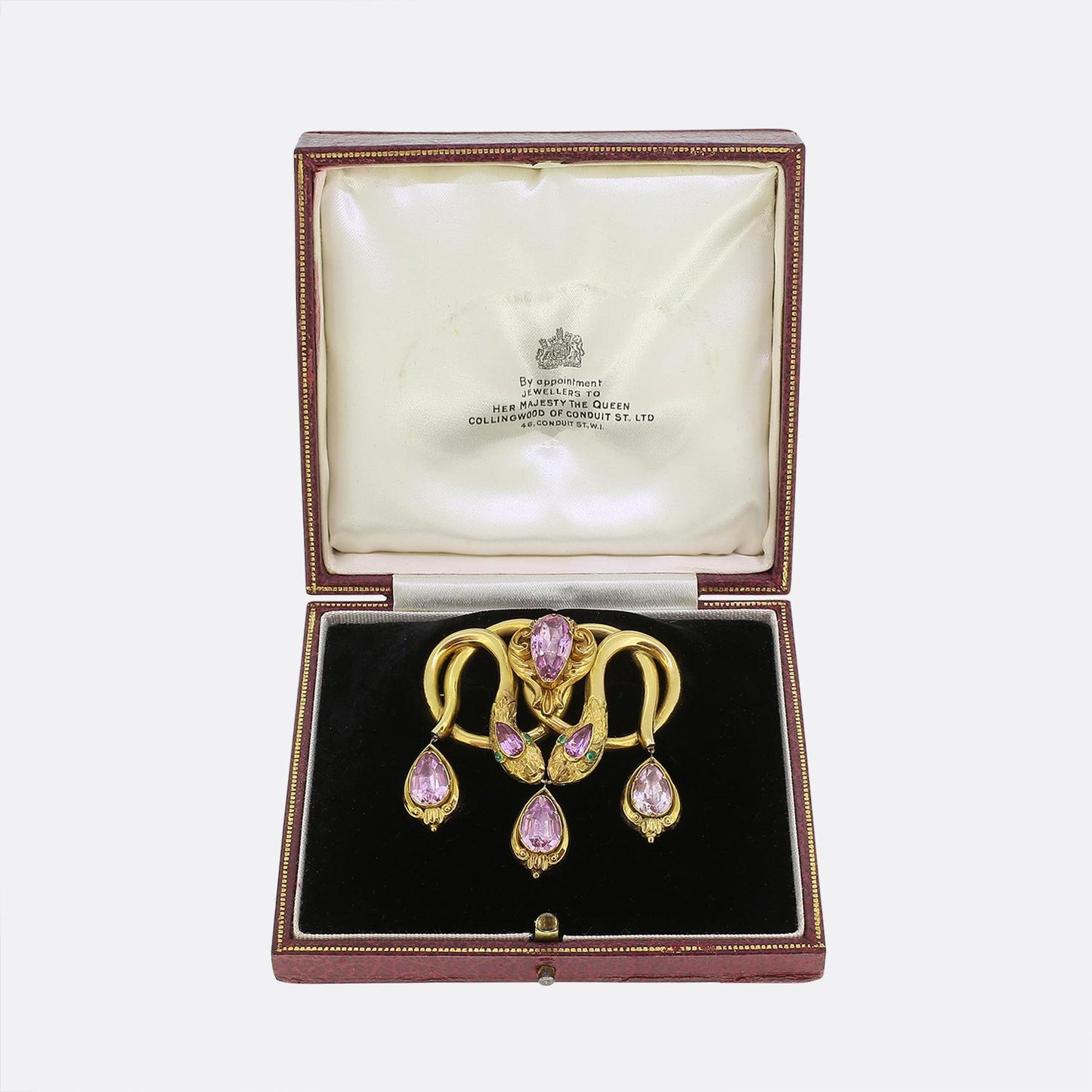 Victorian Pink Topaz and Emerald Double Snake Brooch