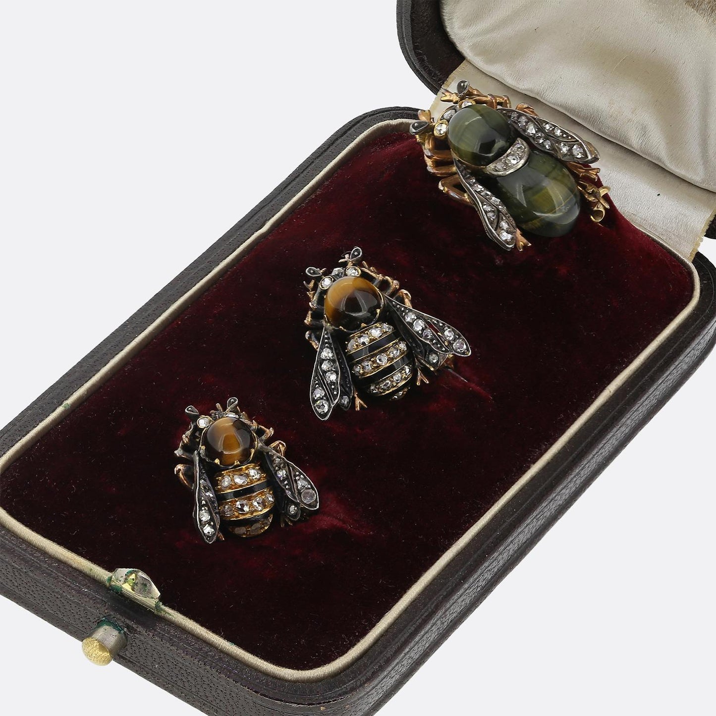 Boucheron Chrysoberyl Tiger's Eye and Diamond Insect Brooch Set