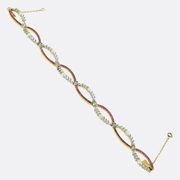 Art Nouveau Ruby Pearl and Diamond Bracelet