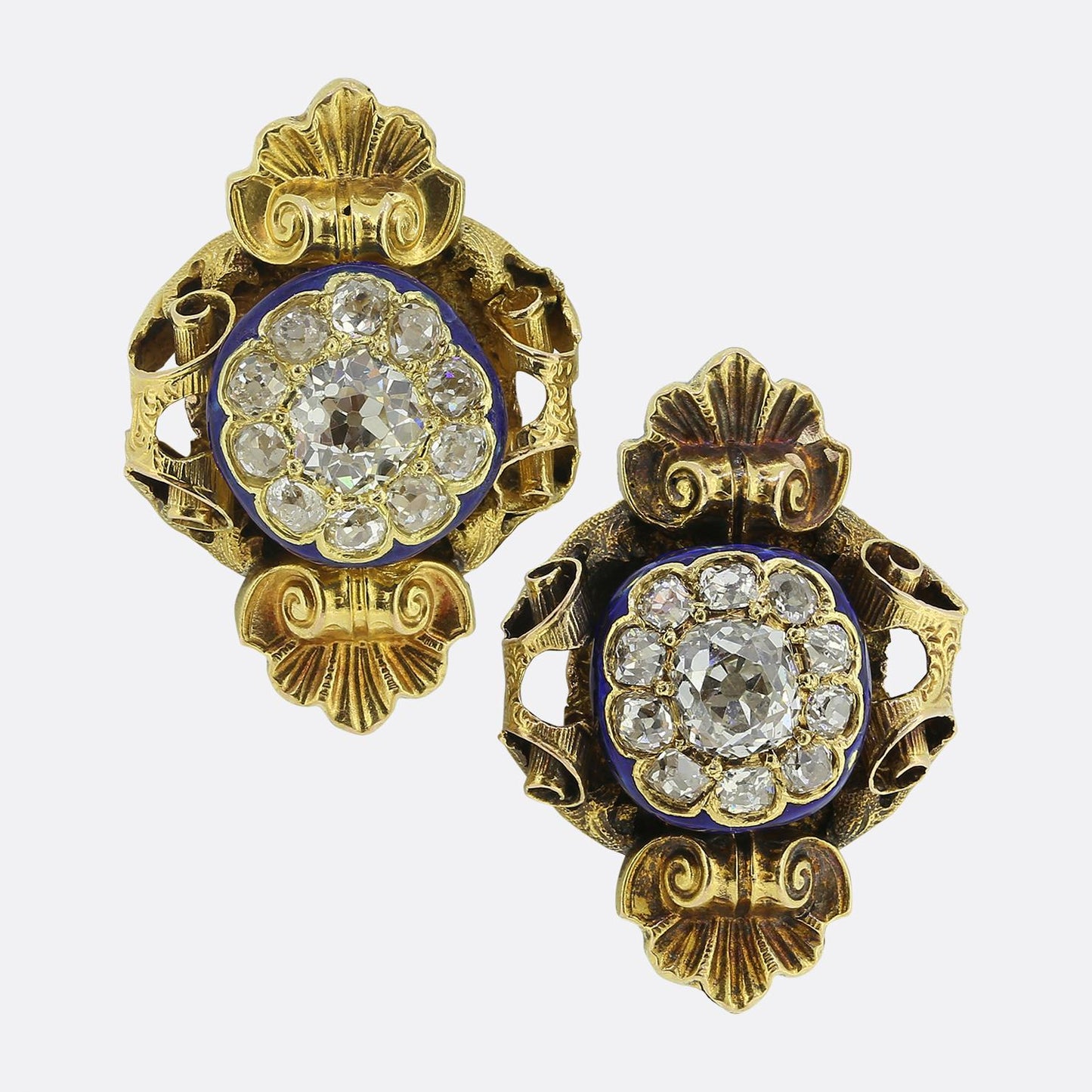 Victorian Old Cut Diamond Cluster and Enamel Earrings