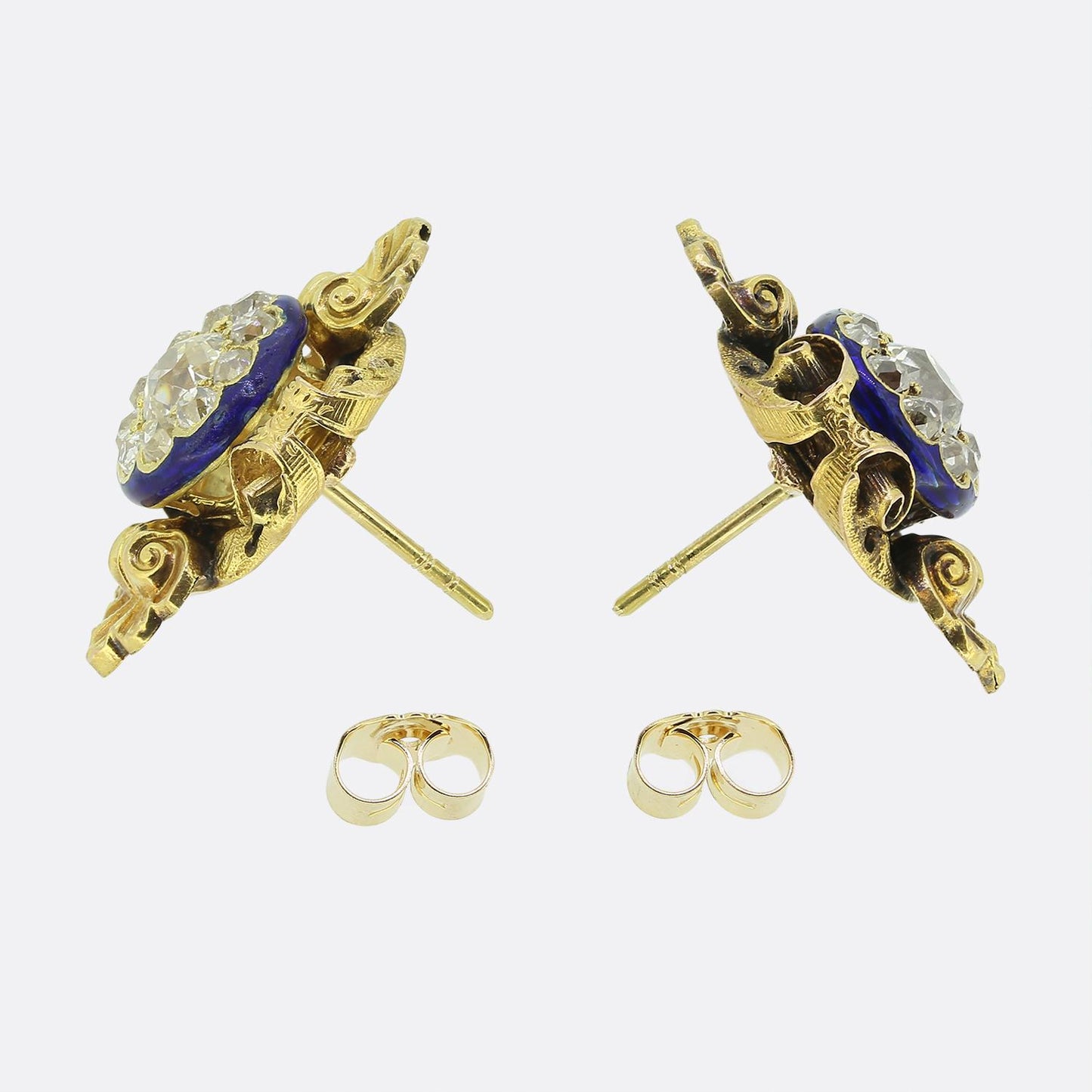Victorian Old Cut Diamond Cluster and Enamel Earrings