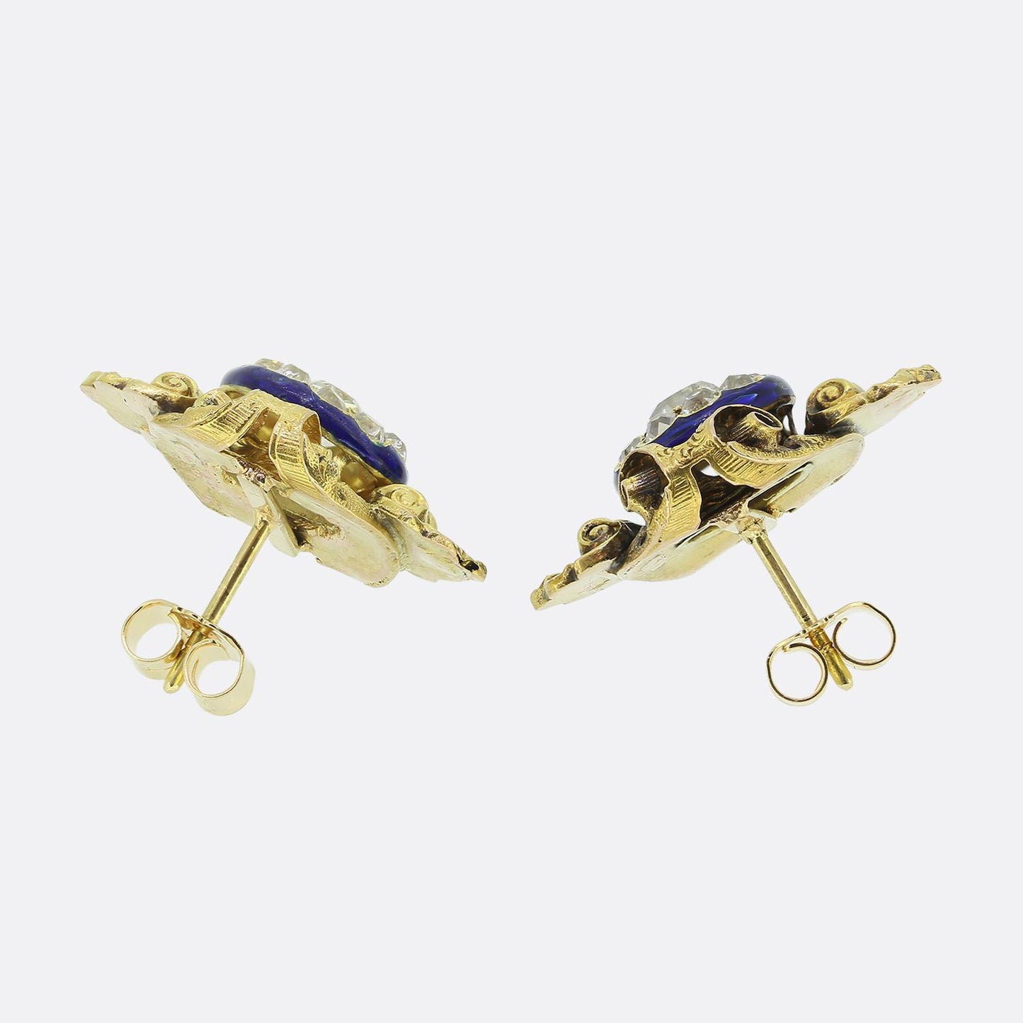Victorian Old Cut Diamond Cluster and Enamel Earrings
