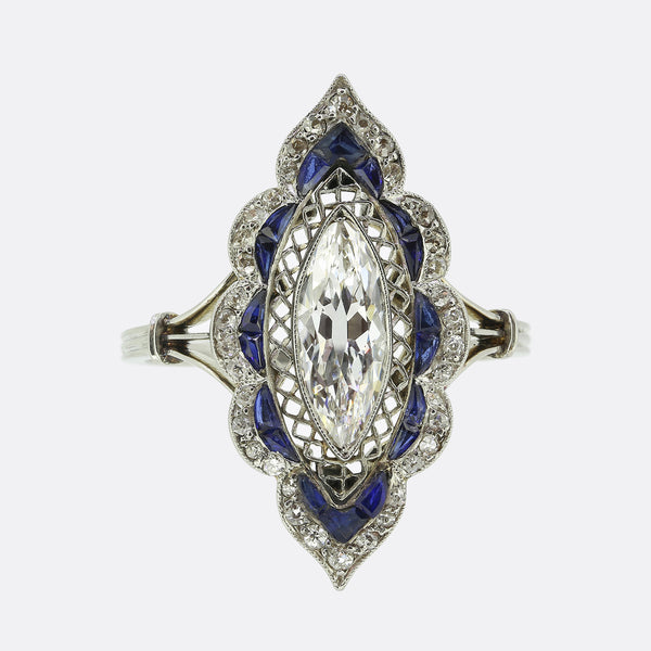 Art Deco Marquise Cut Diamond and Sapphire Navette Ring