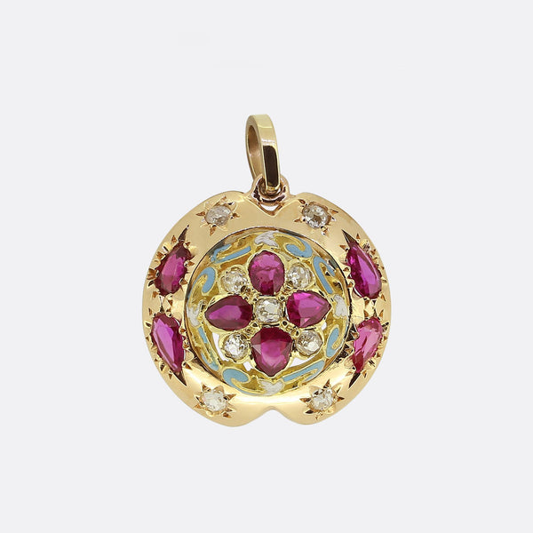 Victorian Ruby Diamond and Enamel Pendant