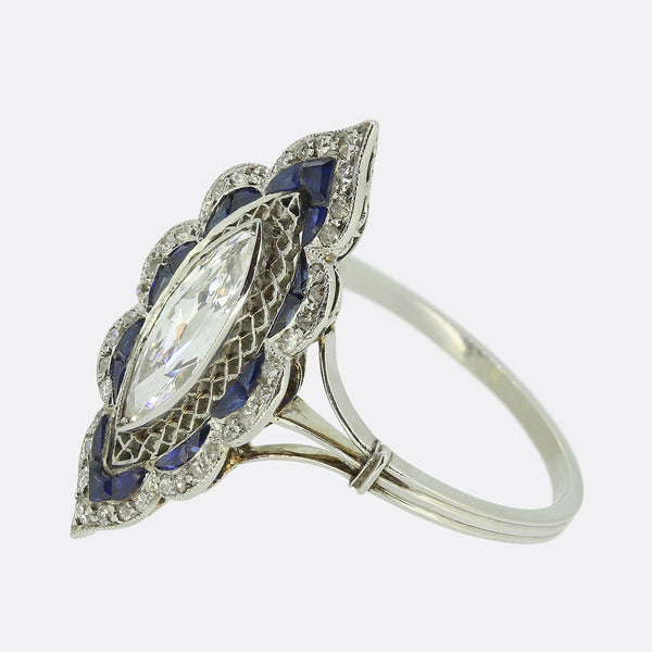 Art Deco Marquise Cut Diamond and Sapphire Navette Ring