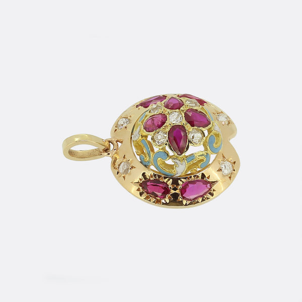 Victorian Ruby Diamond and Enamel Pendant