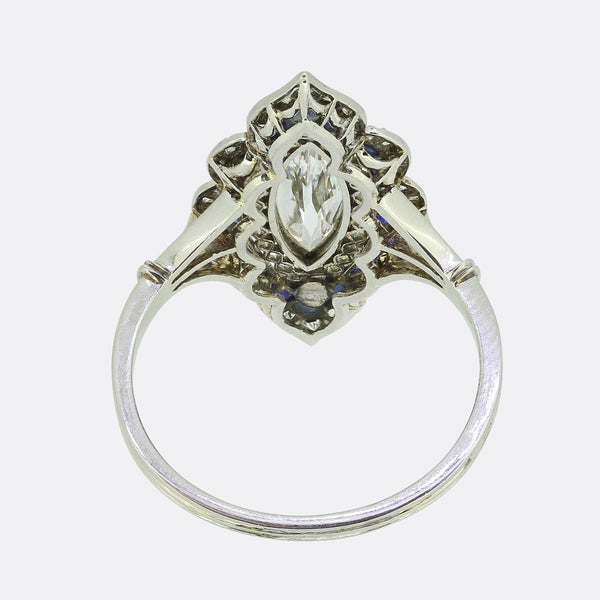 Art Deco Marquise Cut Diamond and Sapphire Navette Ring