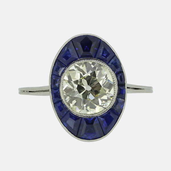 Art Deco 1.60 Carat Diamond and Sapphire Cluster Ring