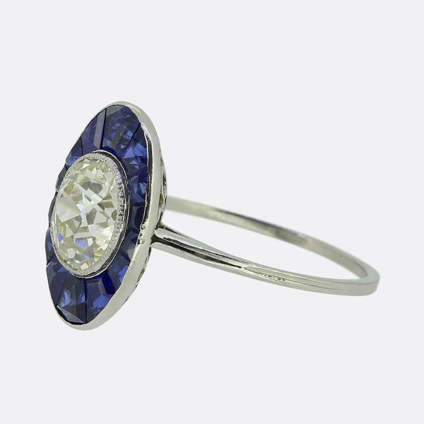 Art Deco 1.60 Carat Diamond and Sapphire Cluster Ring