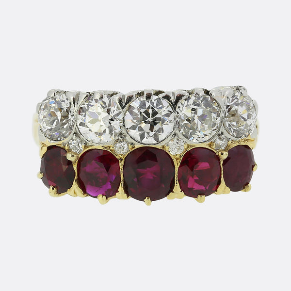 Antique French Ruby and Diamond Two Row Ring