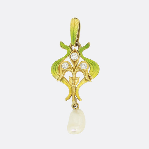 Art Nouveau Natural Pearl Diamond and Enamel Pendant