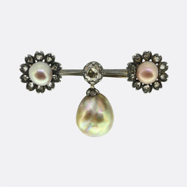 Antique Natural Pearl and Diamond Drop Bar Brooch