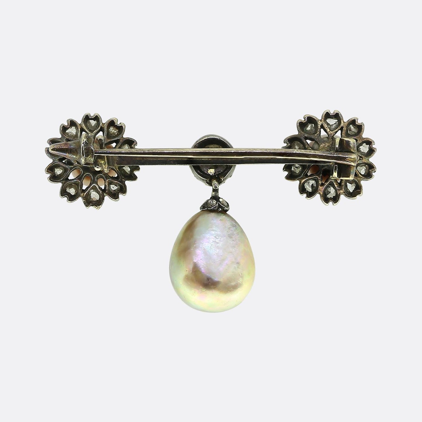 Antique Natural Pearl and Diamond Drop Bar Brooch