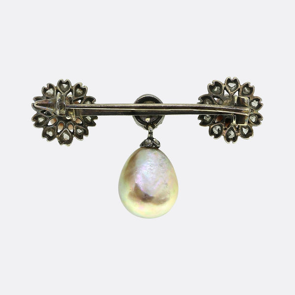 Antique Natural Pearl and Diamond Drop Bar Brooch