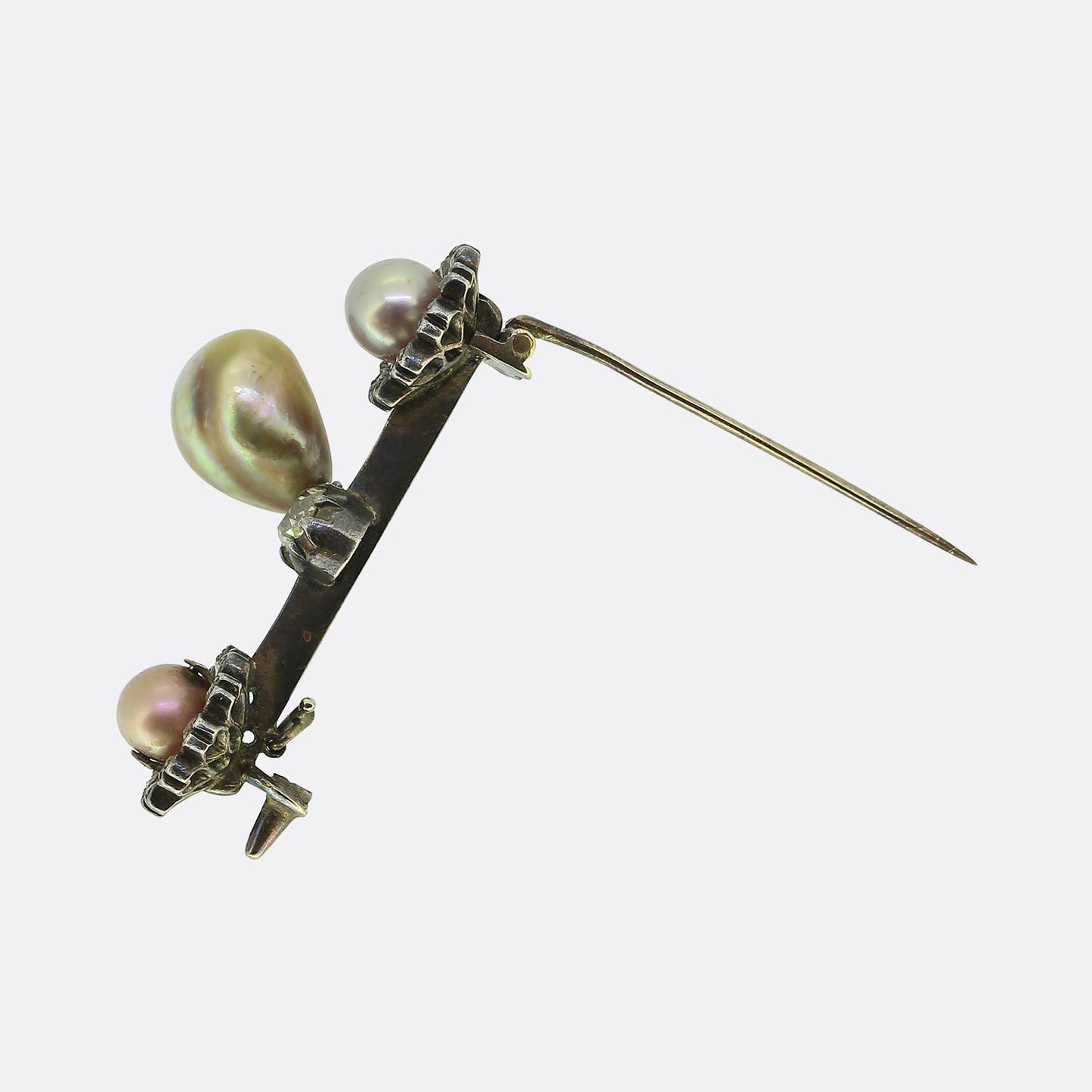 Antique Natural Pearl and Diamond Drop Bar Brooch