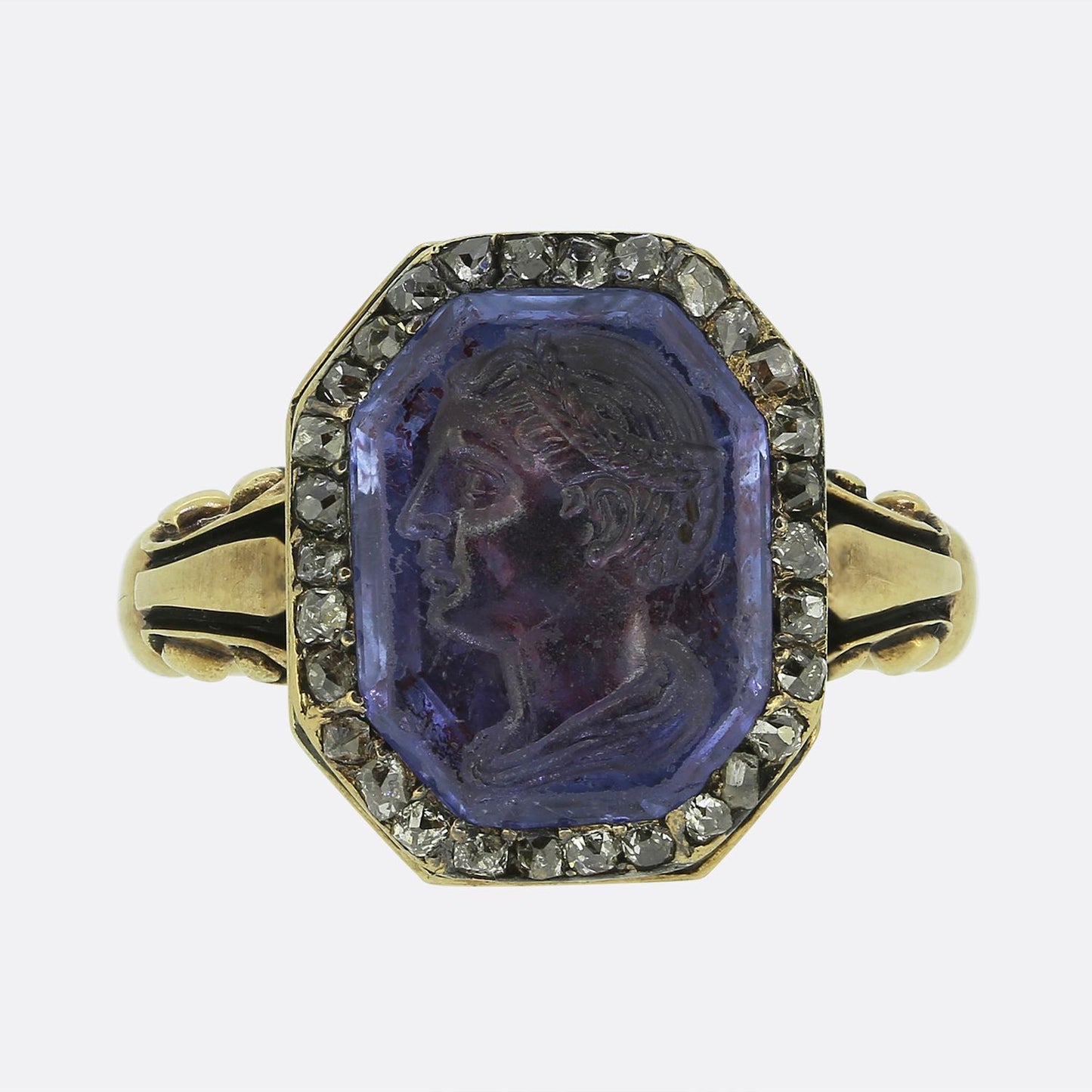 Antique Julius Caesar Sapphire Intaglio and Diamond and Ring