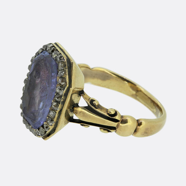 Antique Julius Caesar Sapphire Intaglio and Diamond and Ring
