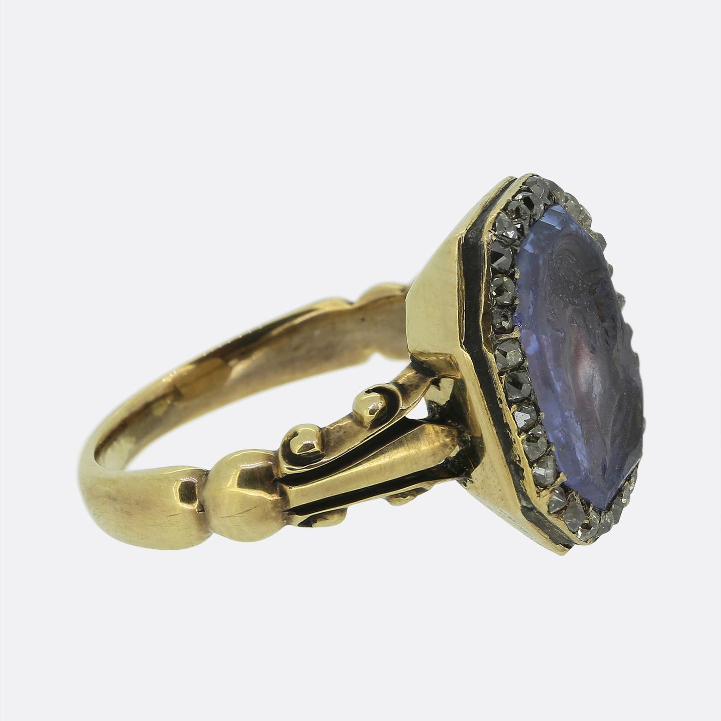 Antique Julius Caesar Sapphire Intaglio and Diamond and Ring