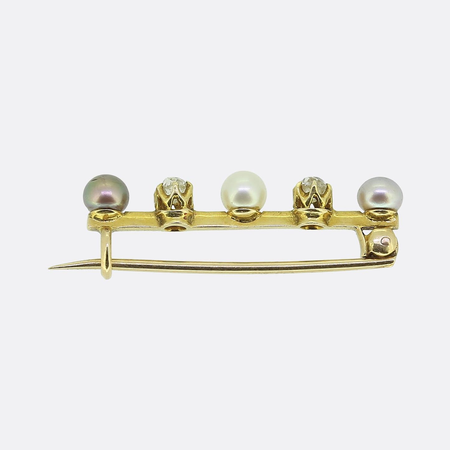 Antique Natural Pearl and Old Cut Diamond Mini Bar Brooch