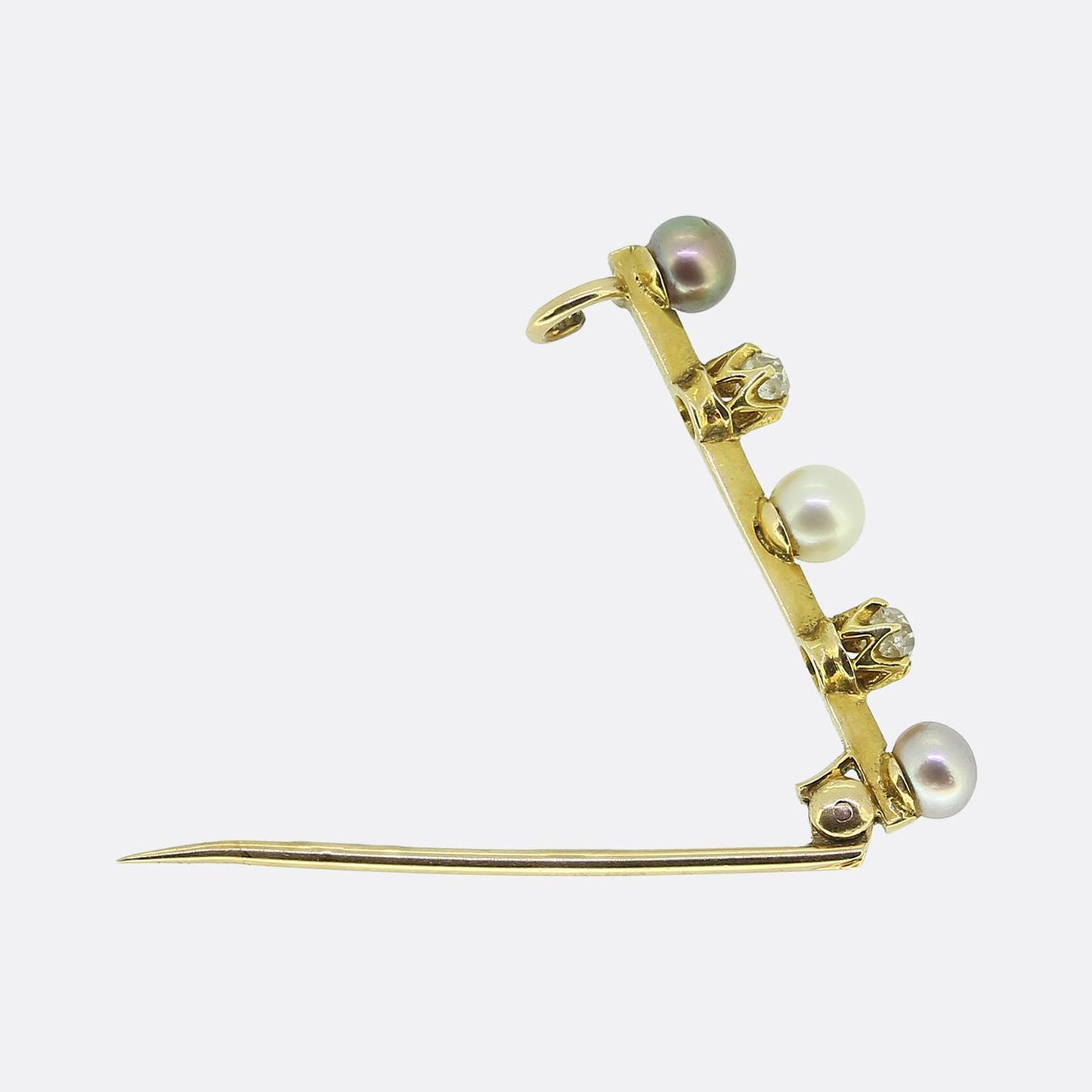 Antique Natural Pearl and Old Cut Diamond Mini Bar Brooch
