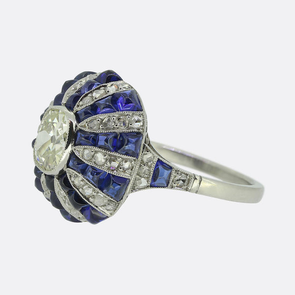 Art Deco Style Sapphire and Diamond Cluster Bombe Ring